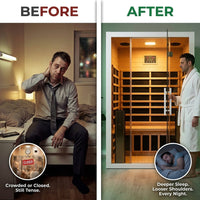 2 Person Extendable FAR Infrared Sauna for Home, Hemlock Wood Low EMF 6 Carbon Heaters Indoor Saunas with LED Lights, Bluetooth Speaker, Digital Control Panel, and Seating Bench — Before & After