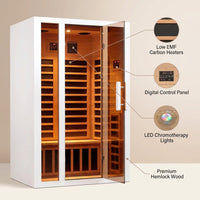 2 Person Extendable FAR Infrared Sauna for Home, Hemlock Wood Low EMF 6 Carbon Heaters Indoor Saunas with LED Lights, Bluetooth Speaker, Digital Control Panel, and Seating Bench — infographic
